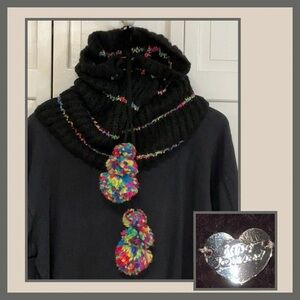 Betsey Johnson Pom Pom Neck-Warmer Scarf snood Multi Colored Accents.